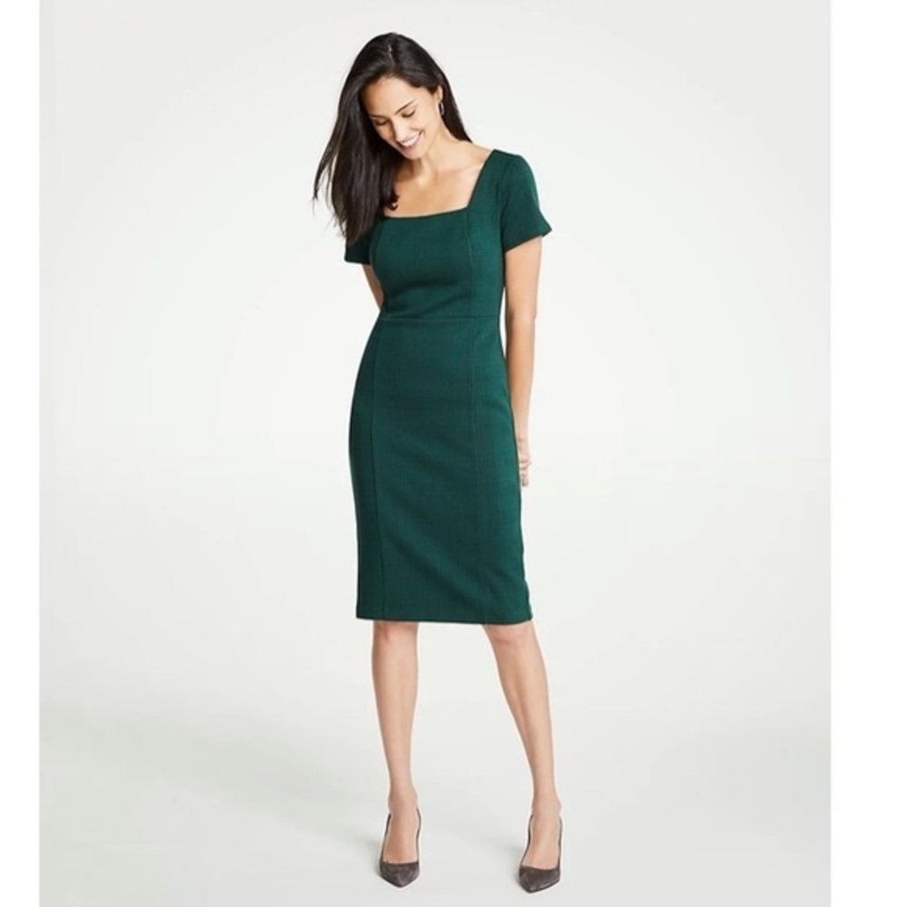 Ann Taylor Green Black Plaid Square Neck Sheath Dress S4